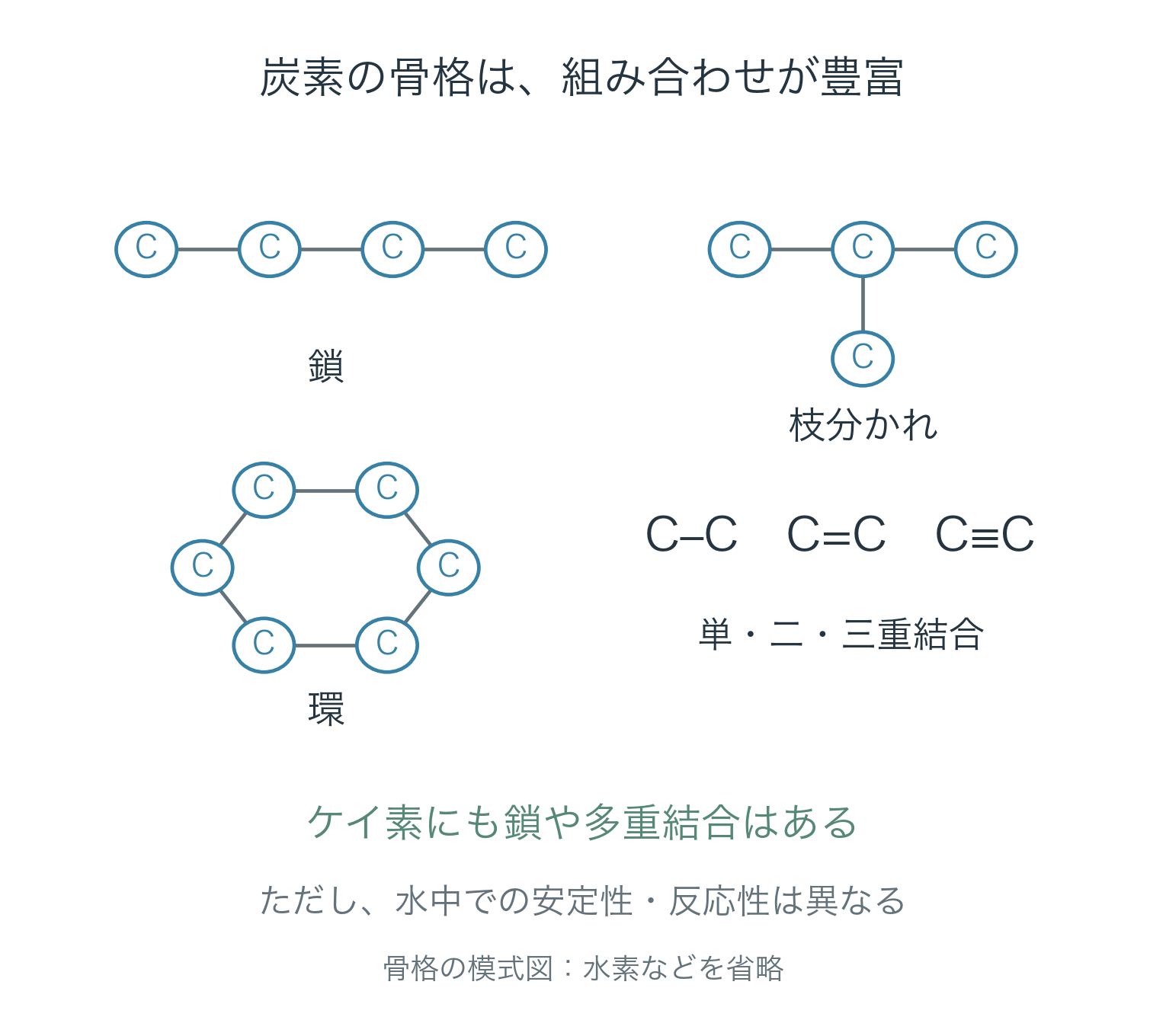 炭素骨格の直鎖、枝分かれ、環、単結合・二重結合・三重結合を示す。ケイ素にも鎖や多重結合はあるが同じ安定性とは限らない。